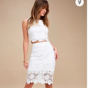 Lulu’s two-piece white lace cocktail dress. Perfect for a bride!